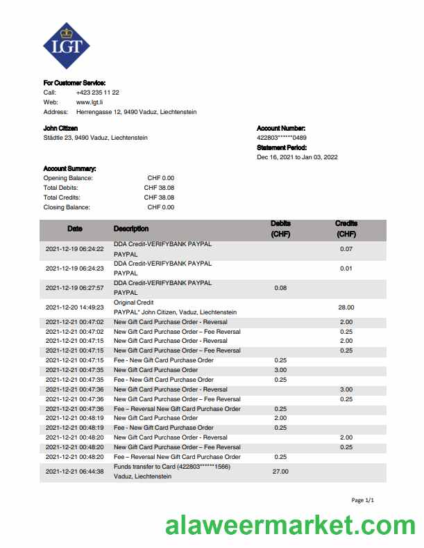 Liechtenstein LGT bank statement template in Word and PDF format
